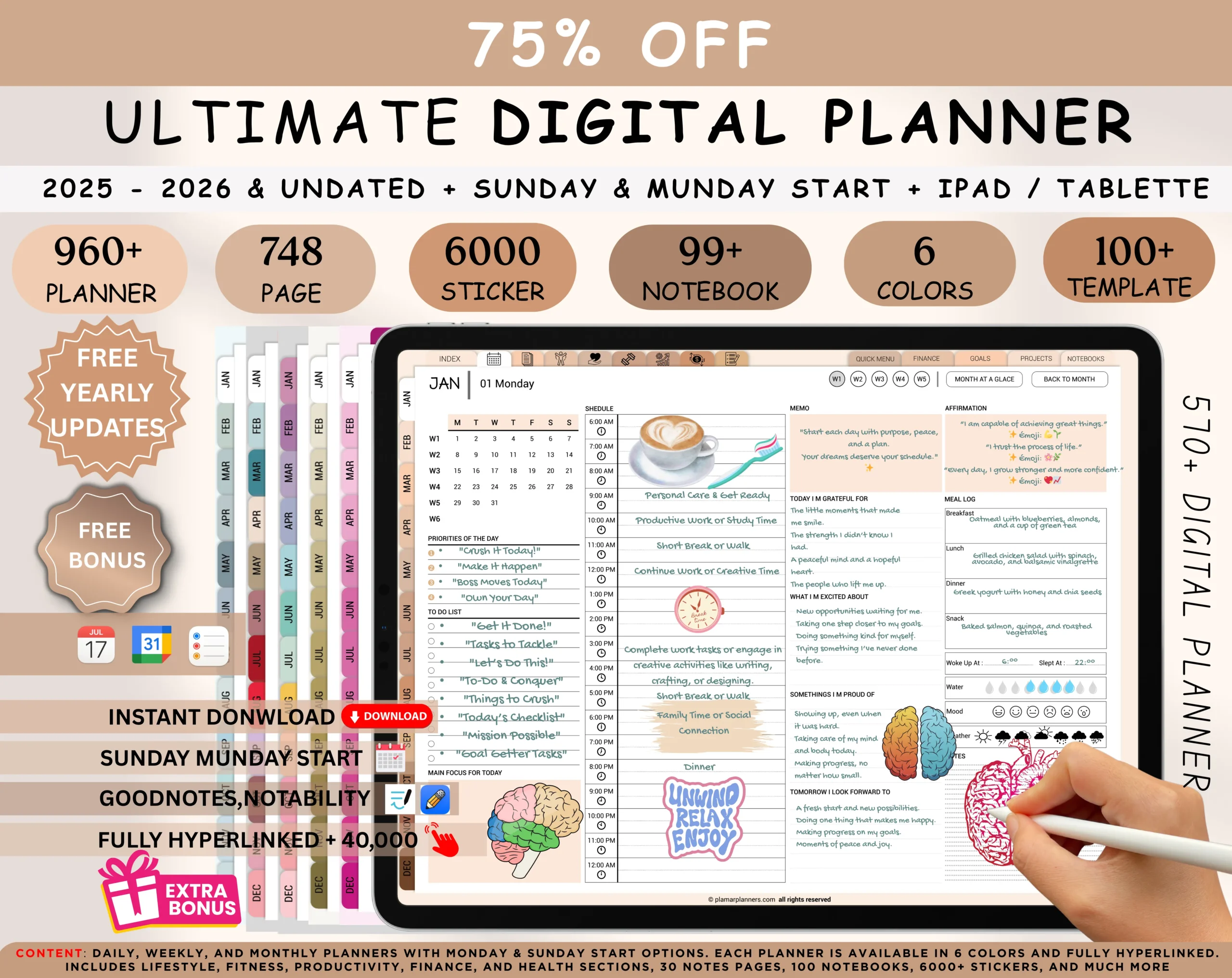 Digital Planner 2026-2027-2028 + Undated | GoodNotes, iPad, Notability | Daily, Weekly, Monthly Planner with Digital Stickers & Calendar