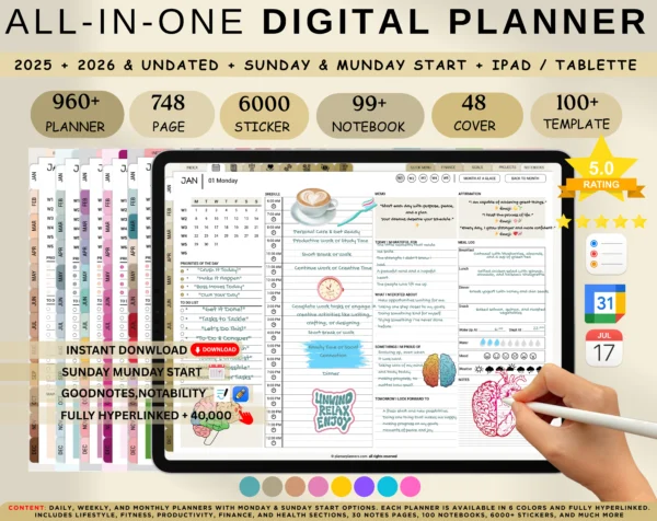 Digital Planner 2025 2026 & Undated No spread Beige Theme
