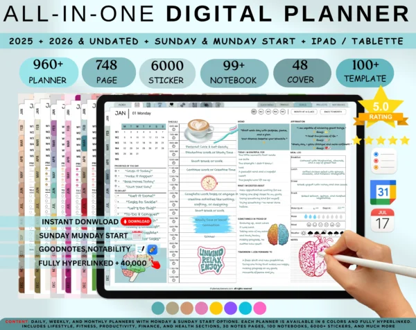 Digital Planner 2025 2026 & Undated No spread Blue Theme