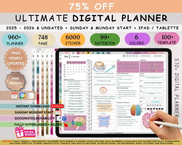 Digital Planner 2025 2026 & Undated No spread Rainbow Theme