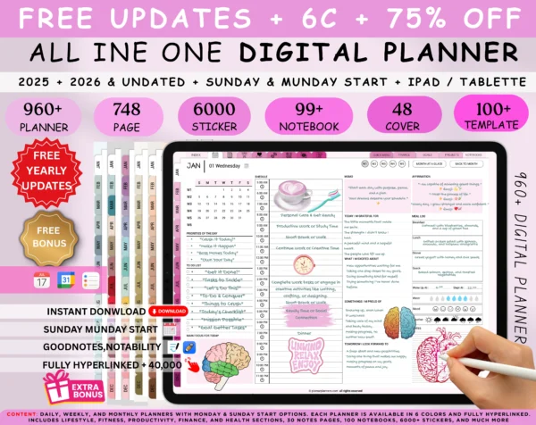 Digital Planner 2025 2026 & Undated No spread Pink Rose Theme