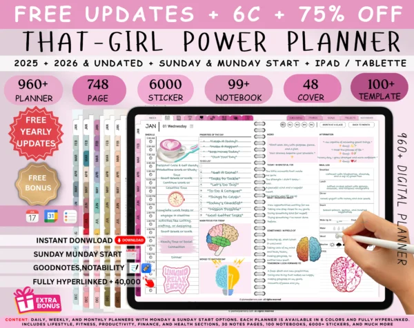Digital Planner 2025 & Undated Pink Rose Theme | Goodnotes, iPad, Notability | Daily, Weekly, Monthly Planner | Digital Stickers & Calendar