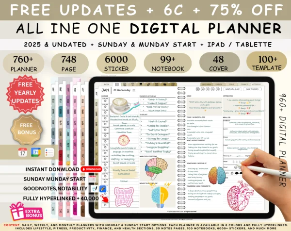 Digital Planner 2025 & Undated Spread | Goodnotes, iPad, Notability | Daily, Weekly, Monthly Planner | Digital Stickers & Calendar