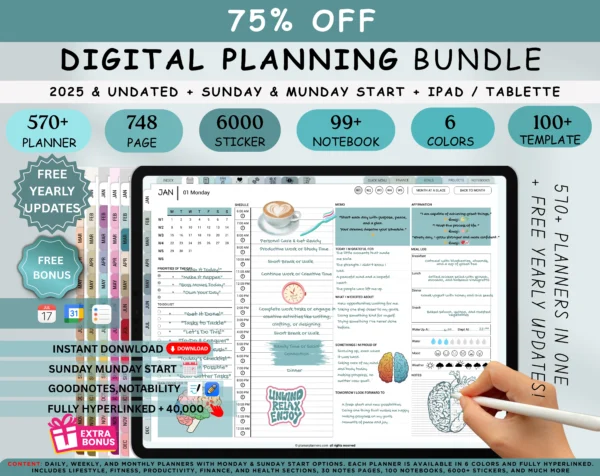 Digital Planner 2025 Undated No spread Blue Theme | Goodnotes, iPad, Notability | Daily, Weekly, Monthly Planner | Digital Stickers & Calendar