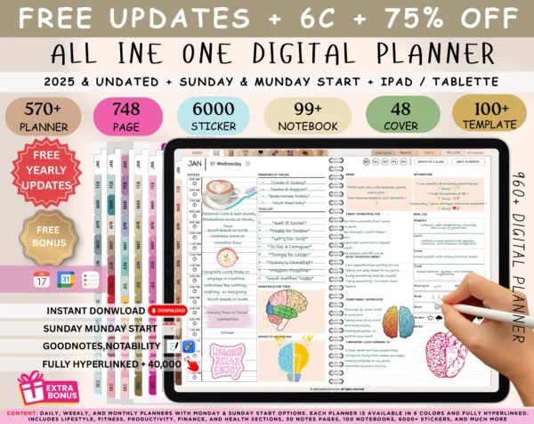 Digital Planner 2025 & Undated | Daily, Weekly, Monthly Planner | Digital Stickers & Calendar