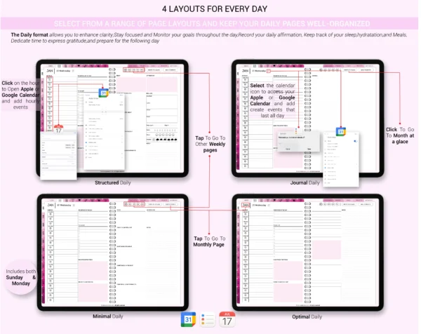 Digital Planner 2025 & Undated Pink Rose Theme | Goodnotes, iPad, Notability | Daily, Weekly, Monthly Planner | Digital Stickers & Calendar - Image 3