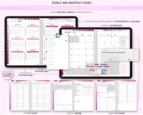 Digital Planner 2025 & Undated Pink Rose Theme | Goodnotes, iPad, Notability | Daily, Weekly, Monthly Planner | Digital Stickers & Calendar - Image 2