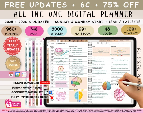 Digital Planner 2025 2026 & Undated With spread Boho Theme