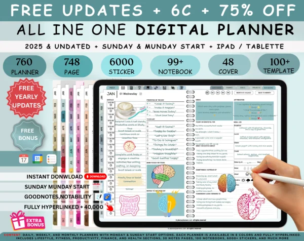 Digital Planner 2025 Undated spread Blue Theme | Goodnotes, iPad, Notability | Daily, Weekly, Monthly Planner | Digital Stickers & Calendar