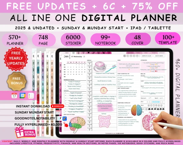 Digital Planner 2025 & Undated Pink Rose Theme | Goodnotes, iPad, Notability | Daily, Weekly, Monthly Planner | Digital Stickers & Calendar