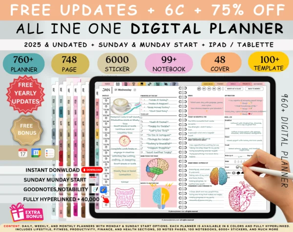 Digital Planner 2025 & Undated Rainbow Theme | Goodnotes, iPad, Notability | Daily, Weekly, Monthly Planner | Digital Stickers & Calendar