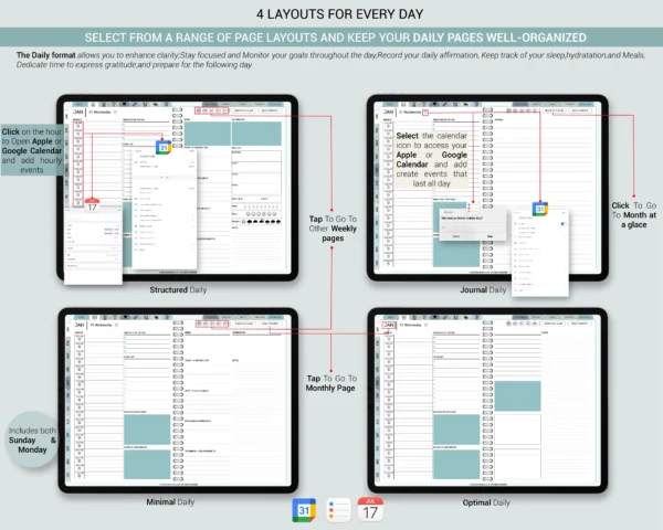 Digital Planner 2025 Undated spread Blue Theme | Goodnotes, iPad, Notability | Daily, Weekly, Monthly Planner | Digital Stickers & Calendar - Image 3