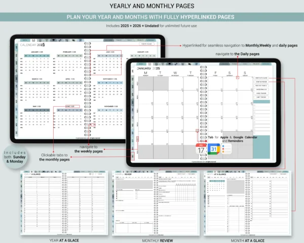 Digital Planner 2025 Undated spread Blue Theme | Goodnotes, iPad, Notability | Daily, Weekly, Monthly Planner | Digital Stickers & Calendar - Image 2
