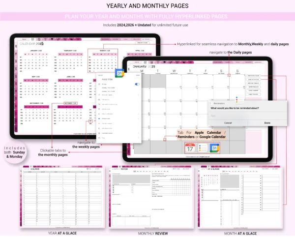Digital Planner 2025 & Undated Pink Rose Theme | Goodnotes, iPad, Notability | Daily, Weekly, Monthly Planner | Digital Stickers & Calendar - Image 2