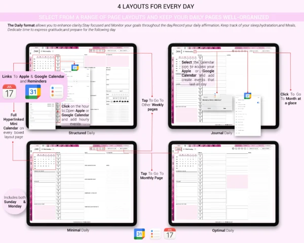 Digital Planner 2025 & Undated Pink Rose Theme | Goodnotes, iPad, Notability | Daily, Weekly, Monthly Planner | Digital Stickers & Calendar - Image 3